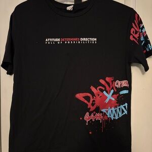 Black Graphic T-Shirt with Red and Blue Accents